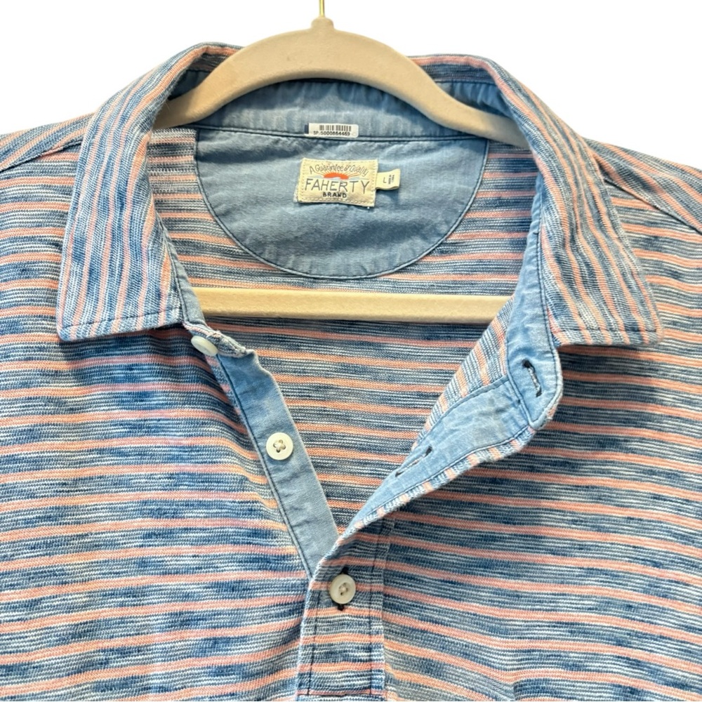 Faherty Short Sleeve Indigo Polo‎ Shirt Baypoint Stripe Cotton Size Large - Picture 4 of 8
